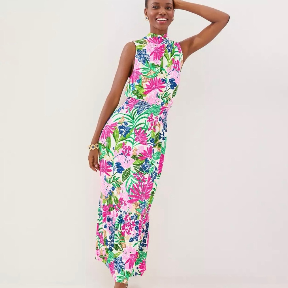 Tropical Lily Floral Maxi Dress - Pink & Green